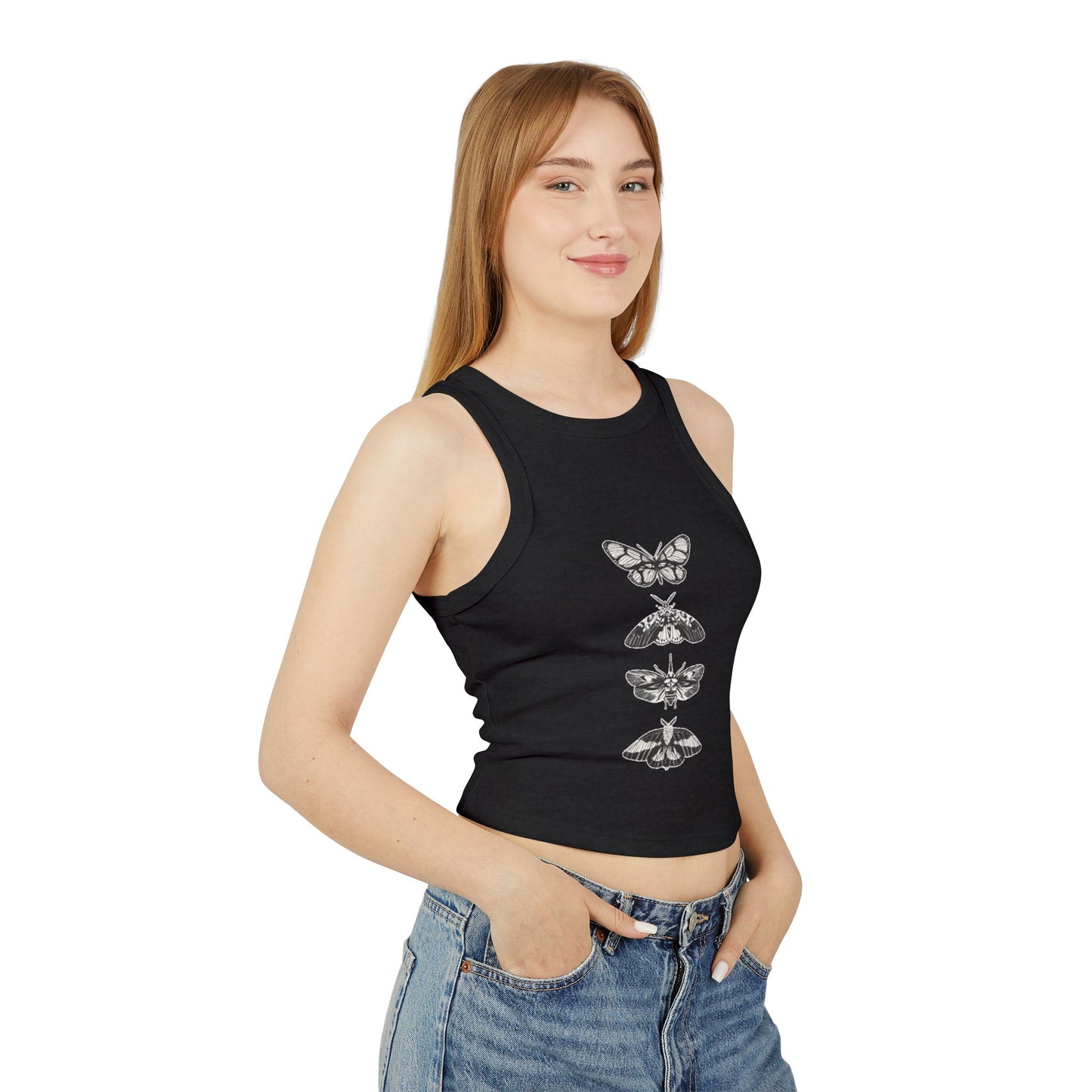 Micro Rib Racer Tank Top with Vintage Butterfly Design - The Boring New